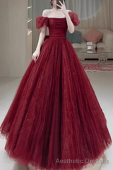 Princess Tulle Burgundy Long Prom Dresses