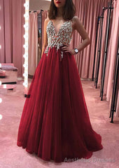 Princess V Neck Court Train Tulle Prom Dresses With Appliqued Beading