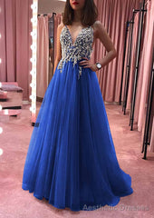 Princess V Neck Court Train Tulle Prom Dresses With Appliqued Beading