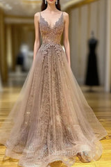 Princess V Neck Sweep Train Lace Tulle Yarn Evening Prom Dresses With Glitter