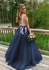 Princess V Neck Sweep Train Tulle Prom Dresses With Appliqued