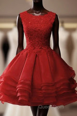 Red Round Neckline Layers Short Evening Prom Dresses, Red Lace Homecoming Dresses