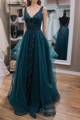 Teal Blue Tulle V-Neckline Long Party Dresses With Lace, Teal Blue Long Evening Prom Dresses