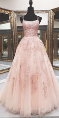 Lace Appliques Pink A LineTulle Long Evening Prom Dresses With Straps