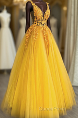 Yellow Tulle With Lace Applique Long Party Dresses, A-Line Yellow Formal Dresses
