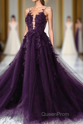 Dark Purple Tulle With Lace Applique Long Wedding Party Dresses, Purple Formal Dresses