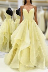Light Yellow Tulle Straps Long Evening Prom Gown, Lace-Up Tulle Evening Dresses