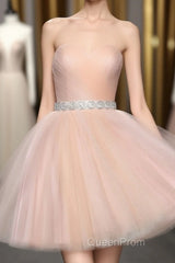 Strapless Blush Pink Tulle Short With Sash Sweet 16 Cute Evening Prom Dresses