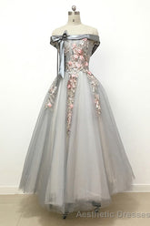 Light Grey Tulle Off Shoulder Flower Lace A Line Prom Dresses