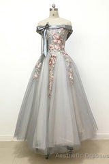Light Grey Tulle Off Shoulder Flower Lace A Line Prom Dresses