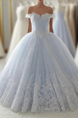 Light Blue Lace Sweetheart A Line Long Princess Evening Prom Dresses