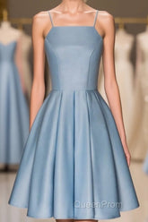 Sky Blue A Line Satin Blue Spaghetti Straps Short Evening Prom Dresses