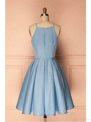Sky Blue A Line Satin Blue Spaghetti Straps Short Evening Prom Dresses