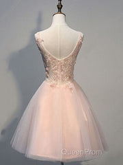 Princess V Neck Tulle Short Mini Appliques Lace Sweet Evening Prom Dresses