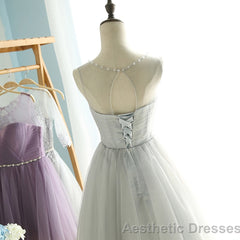 Elegant A Line Round Neck Purple Tulle Short Prom Dresses