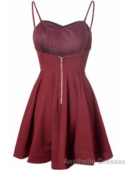 Simple A Line Spaghetti Straps Satin Burgundy Short Prom Dresses