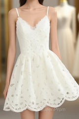 Cute White Lace Short Lace Spaghetti Straps Evening Prom Dresses