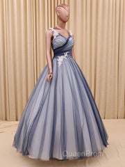 Charming A Line V Neck Navy Blue Princess Tulle Evening Prom Dresses