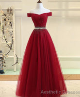 Burgundy Tulle Off Shoulder Long A Line Prom Dresses