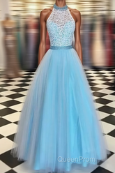 Prety Halter Long Lace Tulle Beding Light Blue For Teens Elegant Evening Prom Dresses