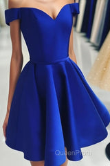 A Line Off The Shoulder V Neck Cheap Royal Blue Short Knee Length Taffeta Dc07 Evening Prom Dresses