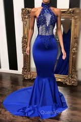 High neck halter beaded royal blue satin . Sleeveless. Illusion beading bodice. Mermaid long with sweep train Evening Prom Dresses