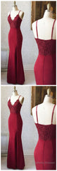 BURGUNDY V NECK LACE MERMAID LONG BURGUNDY Evening Dresses