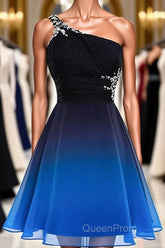 A Line Ombre Blue And Black One Shoulder Short Dc289 Evening Prom Dresses
