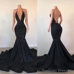 Black Lace Mermaid Prom Dresses, Sequins Evening Dresses