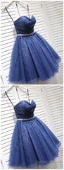 Sparkly A-Line Sweetheart Open Back Navy Sequins Short Short Homecoming Dresses