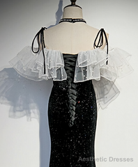 Black Mermaid Sequins Spaghetti Straps Pearls Prom Dresses