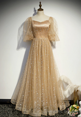 Tulle Embroidery Puff Sleeve Prom Dresses