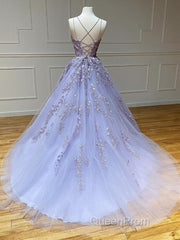 Long Backless Lavender Lace Evening Prom Dresses