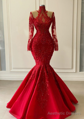 Arabic Aso Ebi Red Luxurious Lace Beaded Evening Dresses, Mermaid Long Sleeves Prom Dresses, Vintage Formal Party Second Reception Gowns