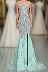 High Quality Mermaid Rhinestones Long Sexy Sweetheart Front Split Mint Chiffon Trumpet 2024 Evening Prom Dresses