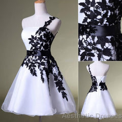 Vintage Black Lace White Organza Short One Shoulder Belt Custom Made Prom Dresses