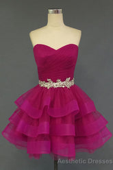 Hot Pink Organza Sweetheart Neckline Short Beadings Belt Tiered Rose Red Layers Prom Dresses