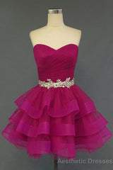 Hot Pink Organza Sweetheart Neckline Short Beadings Belt Tiered Rose Red Layers Prom Dresses