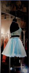 Two Pieces Light Blue Short High Neck Open Back Rhinestones Mid Section Sky Blue Evening Prom Dresses