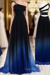 One Shoulder Navy Blue Royal Blue Ombre Gradient Color Chiffon Long Ombre For Sweet 16 Evening Prom Dresses