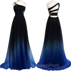 One Shoulder Navy Blue Royal Blue Ombre Gradient Color Chiffon Long Ombre For Sweet 16 Evening Prom Dresses