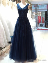 Elegant Navy Blue Tulle Backless Floor Length Prom Dresses, Party Gowns Evening Dresses, Navy Blue Formal Dresses
