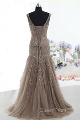 Mermaid Lace Up Brown Tulle Modest Beading V Neck Evening Prom Dresses