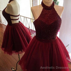 burgundy short halter sparkly semi beaded Homecoming Dresses