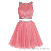 Bateau Neck Illusion Pink Short Crystal Beaded Two Piece Sequined Crop Top Tulle Mini Prom Dresses