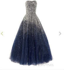 A Line Navy Blue Beading Tulle Evening Prom Dresses