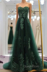 Sweetheart Long Lace Green Sweep Train Lace Up Evening Prom Dresses