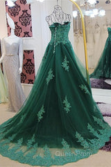 Sweetheart Long Lace Green Sweep Train Lace Up Evening Prom Dresses