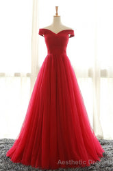 Off The Shoulder Red A Line Pleated Long Red Prom Dresses