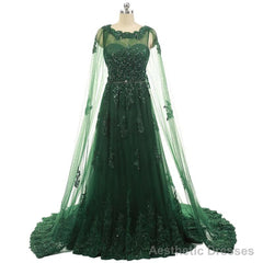 Elegant Women Beaded Lace With Long Appliques Tulle Cape Emerald Green Evening Dresses